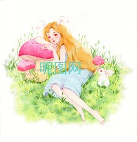 手绘水彩少女与白兔