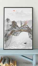 新中式抽象麋鹿山水玄关装饰画