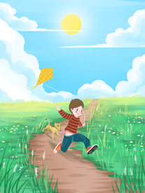 手绘小清新草地放风筝插画