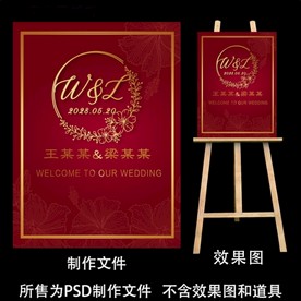 红色西式婚礼迎宾牌设计