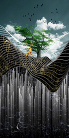 新中式抽象线条远山挂画玄关背景