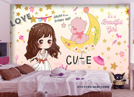 可爱女孩月亮小熊儿童房背景墙