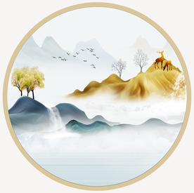 金色山水圆形挂画