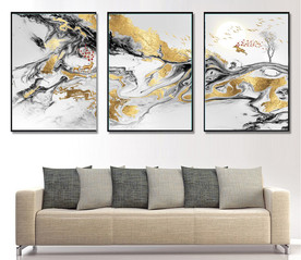 新中式烁金抽象麋鹿山水装饰画