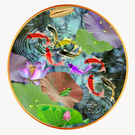 原创圆型荷花九鱼装饰画