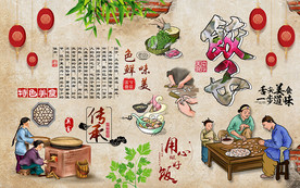 砖墙美味饺子美食工装背景墙