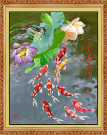 原创高清鲤鱼荷花装饰画壁画