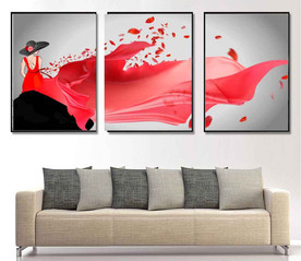 北欧红衣长裙美女装饰无框画