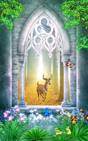 风景树林麋鹿北欧玄关装饰画