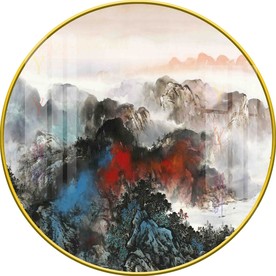 新中式意境山水圆形装饰画图片