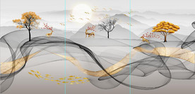 新中式抽象飘带山水麋鹿装饰画