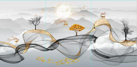 新中式抽象飘带山水麋鹿装饰画