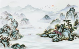 新中式古代水墨山水国画壁画