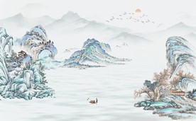 新中式古代水墨山水国画壁画