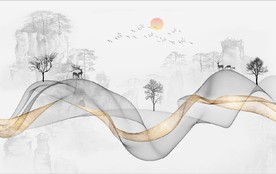 新中式抽象金色水墨山水背景墙