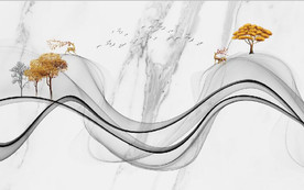 新中式抽象水墨麋鹿山水背景墙