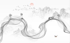 新中式抽象水墨麋鹿山水背景墙
