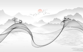 新中式抽象水墨麋鹿山水背景墙