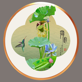 高清荷花翠鸟圆型装饰画