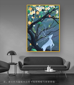 美丽白鹿树林插画装饰画