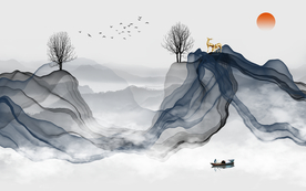 山水水墨烟雾意境蓝色山脉背景墙