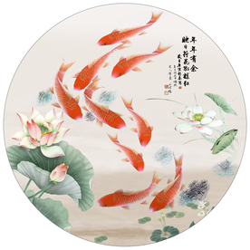荷花九鱼图圆形装饰画