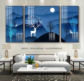 蓝色远山麋鹿装饰画欧式无框画