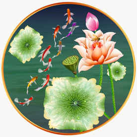 高清鲤鱼荷花园型装饰画