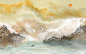 新中式水墨山水大理石电视背景墙