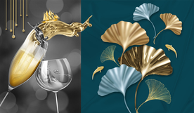 金色酒杯银杏叶装饰画