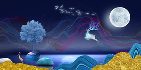 蓝色月色轻奢唯美山水麋鹿