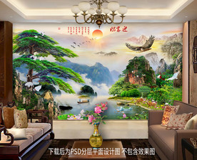 迎客松雄鹰山水背景墙