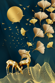 金色银杏叶麋鹿装饰画