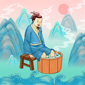 泡脚国潮插画 平面展开分层文件