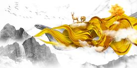 金色麋鹿山水画