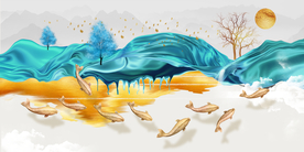 九鱼图山水玄关晶瓷画