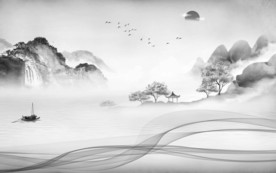 水墨山水画电视墙 文件分层画