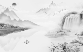 新中式山水画电视墙 文件分层画