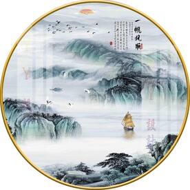新中式水墨意境山水圆形装饰画图