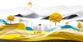 麋鹿山水晶瓷画