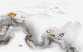 新中式抽象金色麋鹿山水背景墙