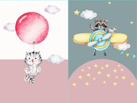 水彩浣熊猫咪儿童房装饰无框画