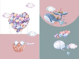 水彩热气球鲸鱼儿童房装饰无框画