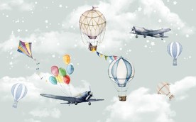水彩卡通飞机热气球儿童房背景墙