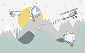 水彩卡通飞机热气球儿童房背景墙