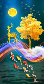 九鱼图麋鹿晶瓷画