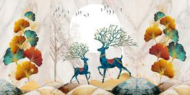 麋鹿杏叶三联画晶瓷画装饰画