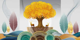 麋鹿杏叶三联画晶瓷画装饰画