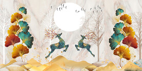 麋鹿杏叶三联画晶瓷画装饰画