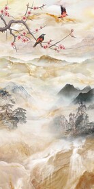 新中式山水大理石复式楼玄关壁画